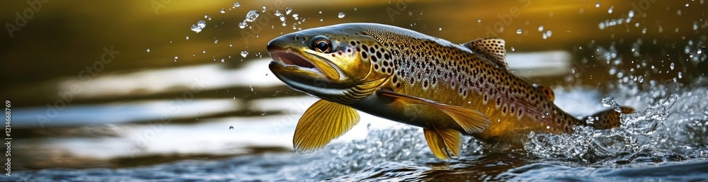 A brown trout leaps from the water, creating splashes in its attempt to escape. In the background, a fishing shop is visible, hinting at an early morning fishing adventure, banner. A brown trout leaps from the water, creating splashes in its attempt to escape. In the background, a fishing shop is visible, hinting at an early morning fishing adventure, banner.