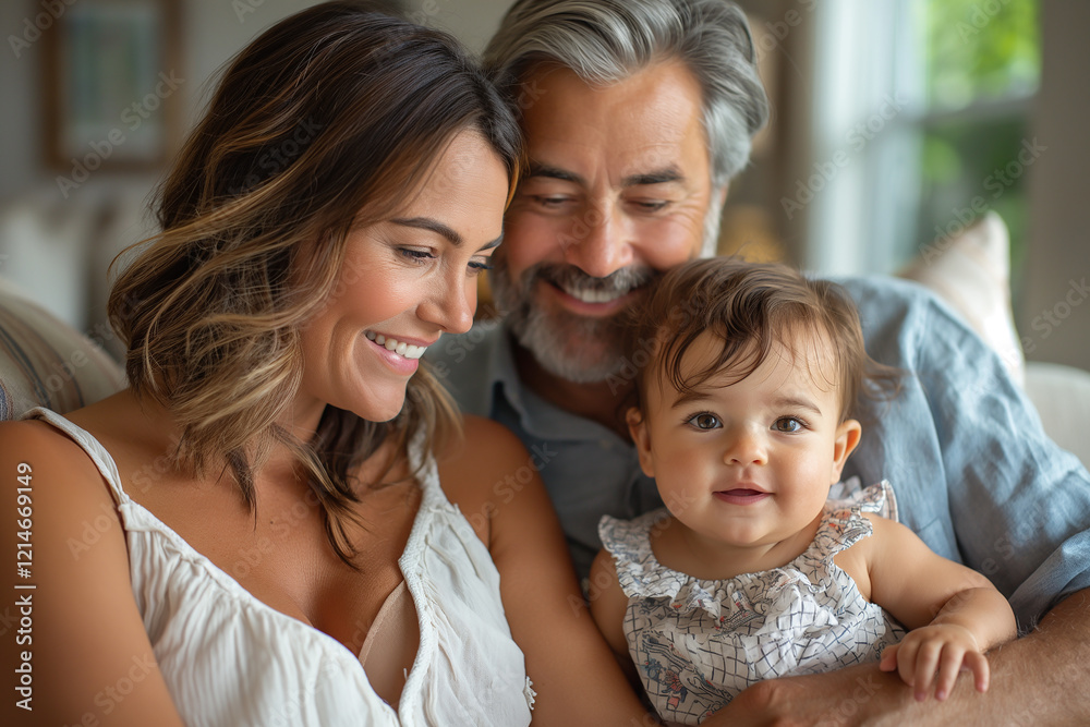 A man and a woman are holding a baby on a couch A man and a woman are holding a baby on a couch