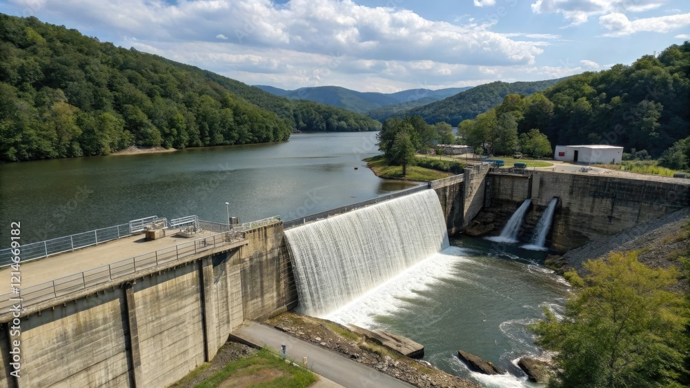 Dam with a small waterfall in the background, serene lake, waterfall, landscape view, natural surroundings, small cascade Dam with a small waterfall in the background, serene lake, waterfall, landscape view, natural surroundings, small cascade