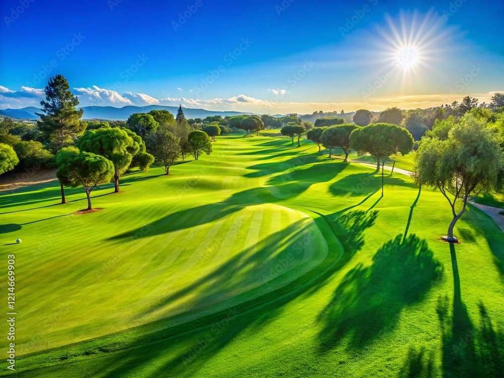 Obraz premium Stunning Aerial View of Lush Golf Course Green, Perfect Fairway, Sunny Day