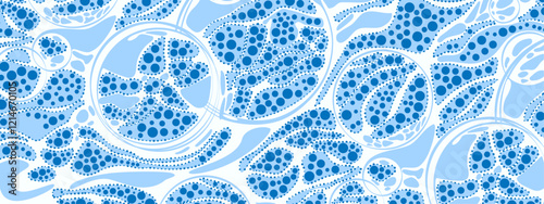 Blue abstract background frame. Vector texture of chaotic lines, particles, circles. Group of cells,  information grid. Neuro graphics. Banner for business, technology, medicine, presentations.