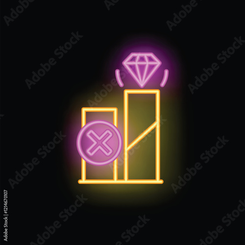 Neon icon of a bar chart increasing in value with a shining diamond on the highest bar, representing success