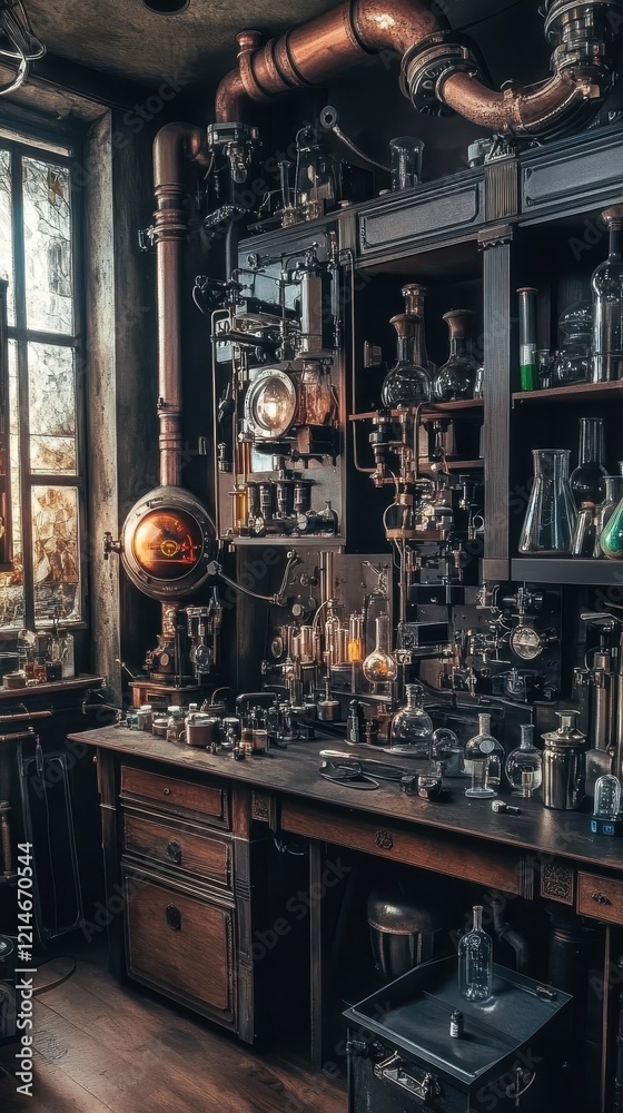 Fototapeta premium A Steampunk Style Laboratory Workspace With Glassware