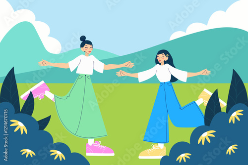 Nature landscape. Cheerful girls. Hugging friends. Best friend forever. Modern isolated vector illustration.