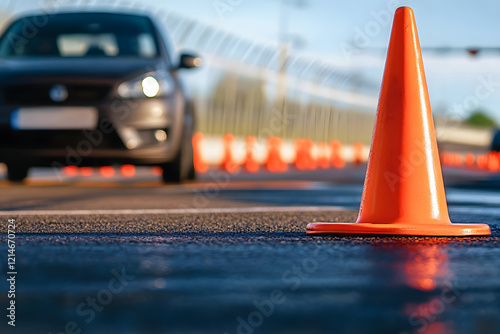 Driving school setup with a car and traffic cones an orange cone designated for driver training at a racetrack photo