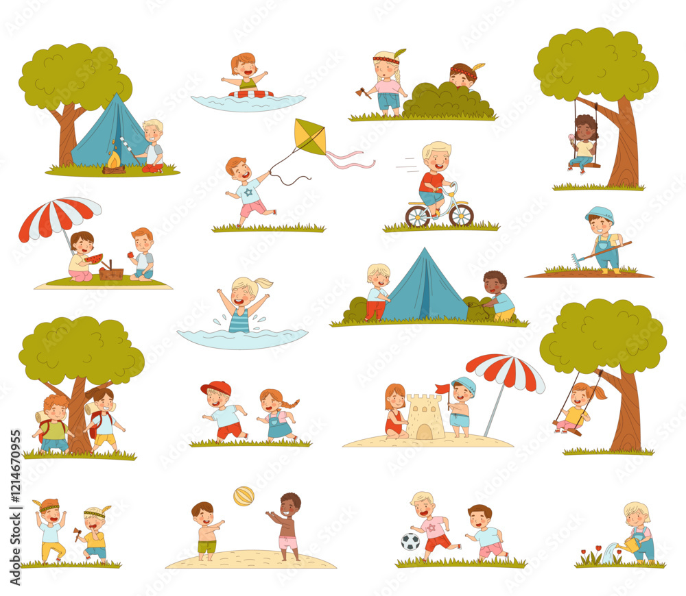 Naklejka premium Kids Enjoying Hot Summer Season Walk Outdoor Vector Set