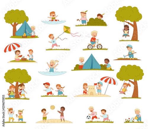 Kids Enjoying Hot Summer Season Walk Outdoor Vector Set