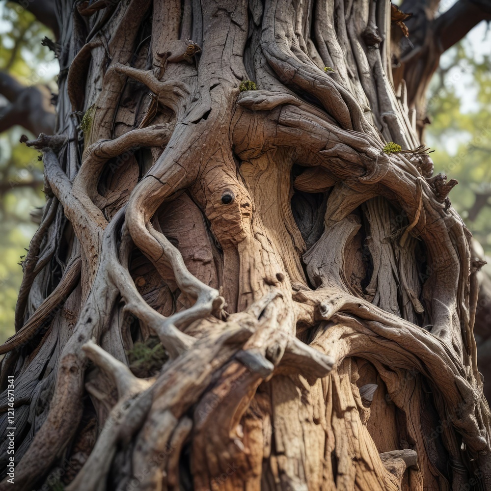 Closeup of ancient tree trunk with rugged, weathered bark and twisted branches, bark texture, twisted branches Closeup of ancient tree trunk with rugged, weathered bark and twisted branches, bark texture, twisted branches