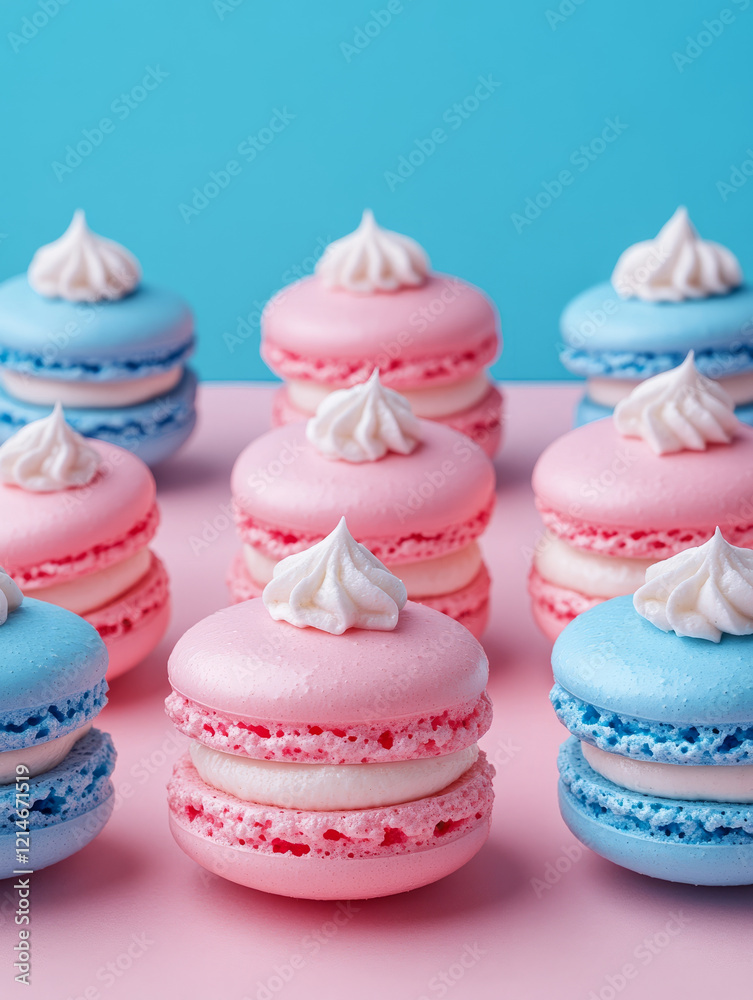 Blue and pink macarons with icing on pastel background. Blue and pink macarons with icing on pastel background.
