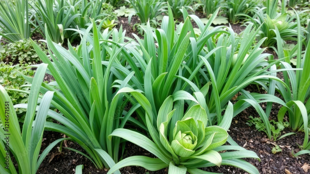 Obraz premium Garden bed with multiple layers of onion green leaves growing amidst other plants, outdoor, colorful, layered composition