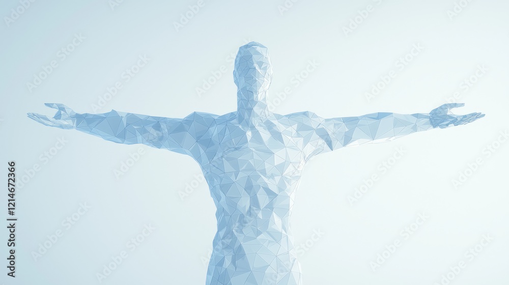 Simplicity in Motion: Low-Poly Human Figure with Arms Outstretched in Blue and Grey Polygons - Ultra-Detailed Cinematic Artwork Simplicity in Motion: Low-Poly Human Figure with Arms Outstretched in Blue and Grey Polygons - Ultra-Detailed Cinematic Artwork