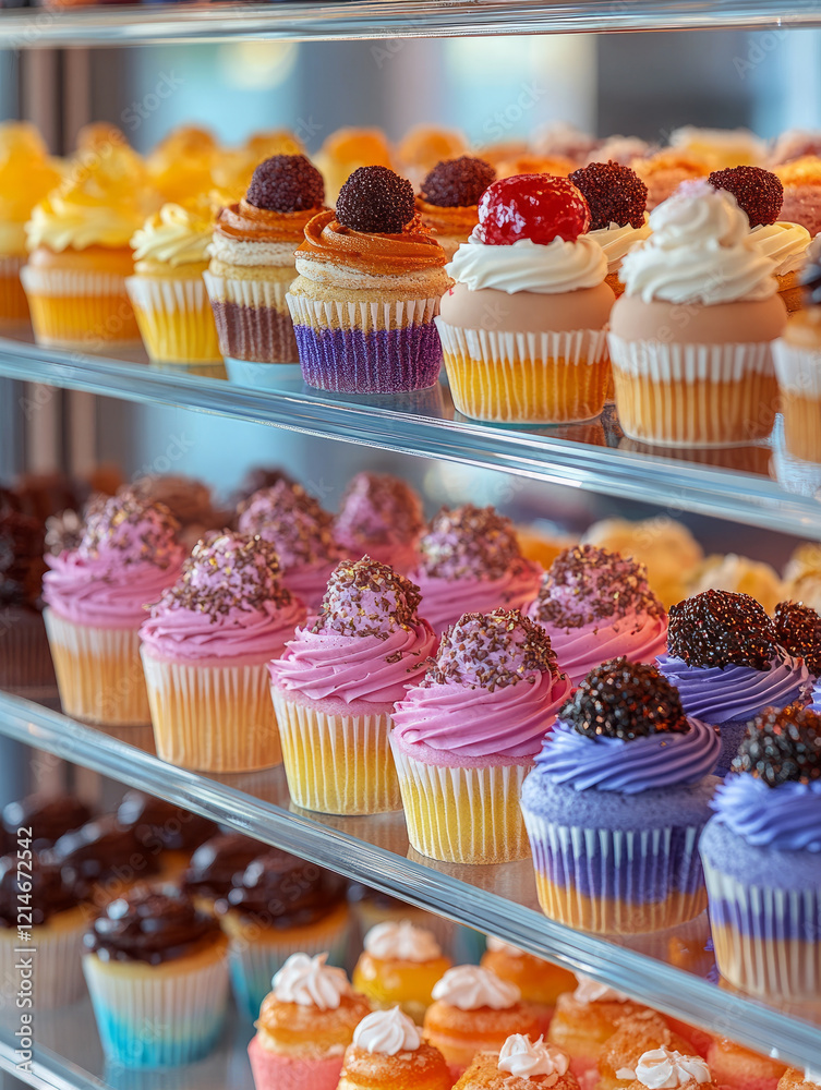 Colorful cupcakes on a display shelf. Colorful cupcakes on a display shelf.