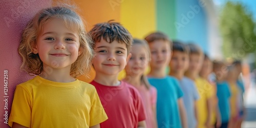 Cheerful children standing in line at daycare, symbolizing childhood, education, and social interaction. Perfect for parenting visuals, school themes, and lifestyle photography.