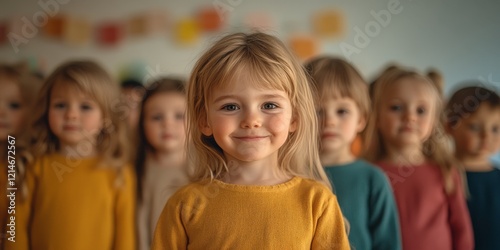 Cheerful children standing in line at daycare, symbolizing childhood, education, and social interaction. Perfect for parenting visuals, school themes, and lifestyle photography.