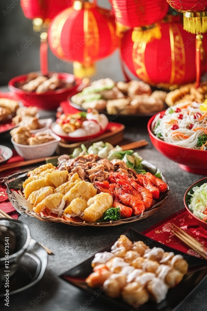 A table filled with plates of food, decorated with red paper lanterns A table filled with plates of food, decorated with red paper lanterns