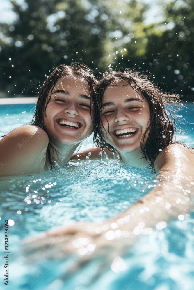 Two friends enjoying time by swimming pool with big smiles Two friends enjoying time by swimming pool with big smiles