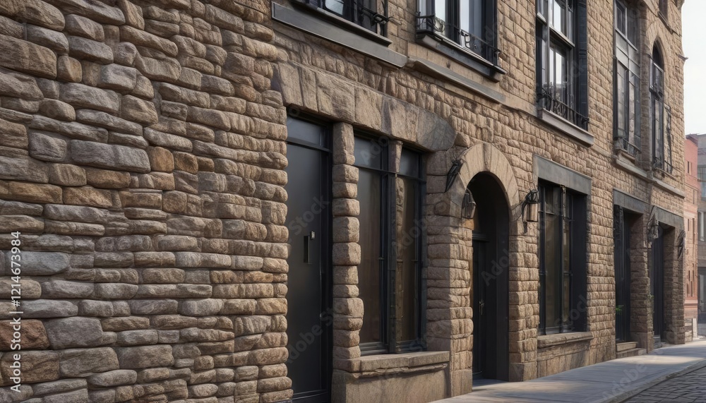 Fototapeta premium Elegant stone walls with metal accents on the Chelsea apartment building's exterior, detailed, building, elegant