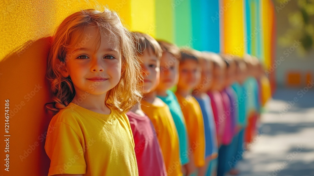 Cheerful children standing in line at daycare, symbolizing childhood, education, and social interaction. Perfect for parenting visuals, school themes, and lifestyle photography. Cheerful children standing in line at daycare, symbolizing childhood, education, and social interaction. Perfect for parenting visuals, school themes, and lifestyle photography.