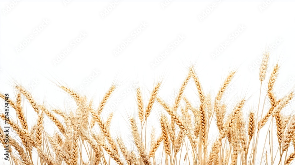 Fototapeta premium Wheat stalks arranged against plain white background. Golden ripe wheat ears form border. Close-up agricultural image perfect for wheat farm concepts. Offers natural, organic feel suited to food,