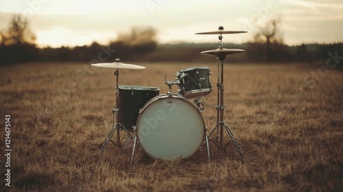 Drum kit in a field at sunset.