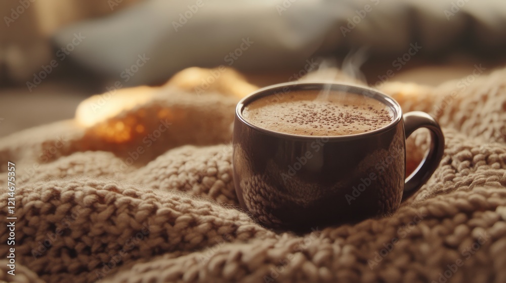 Steaming coffee mug on cozy knit blanket in warm morning light Steaming coffee mug on cozy knit blanket in warm morning light