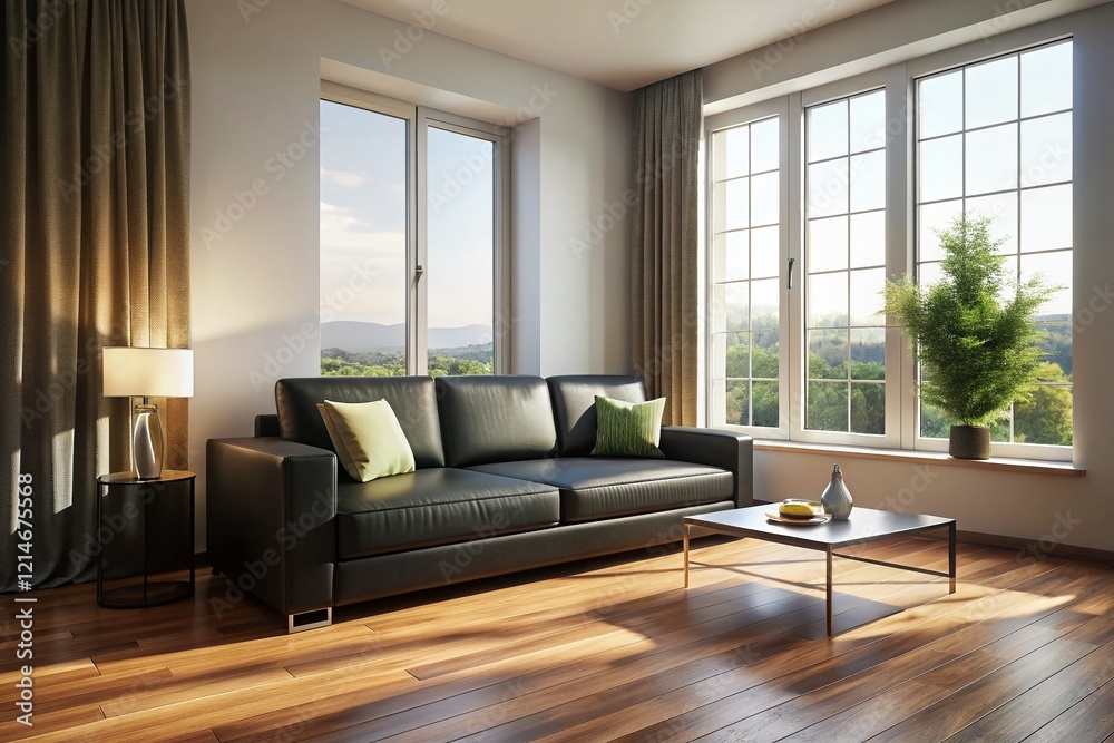 Fototapeta premium Stylish Black Couch on Hardwood Floor Near Window - Modern Interior Design Stock Photo