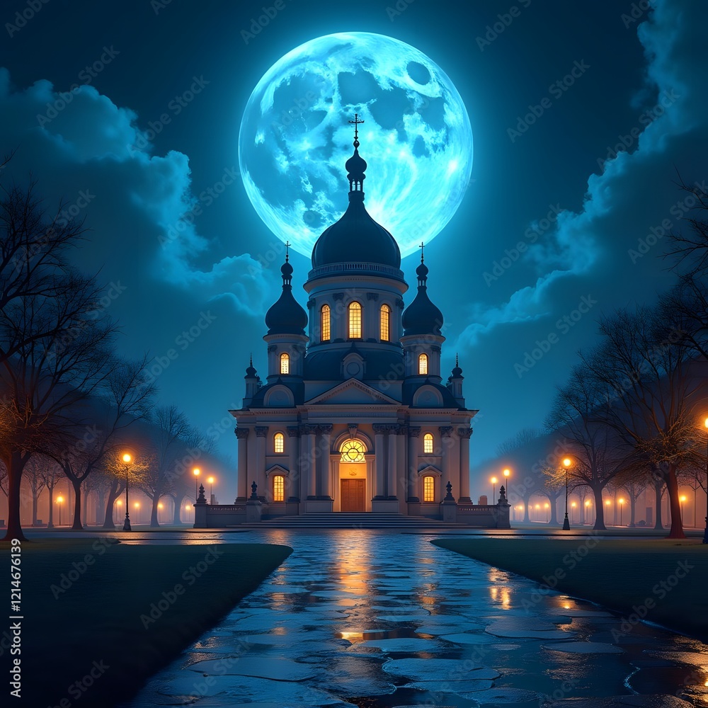 Moonlit Futuristic Religious Monument Through Fisheye Lens Moonlit Futuristic Religious Monument Through Fisheye Lens