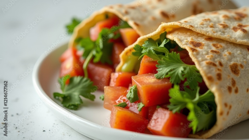 Close-up of fresh vegetable wraps with diced tomatoes and cilantro on white plate