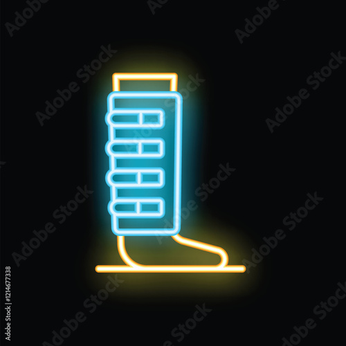 Bright neon icon of a leg splint glowing on black background, representing medical and veterinary care