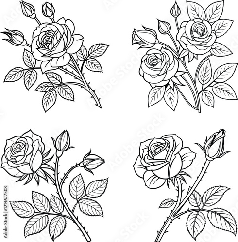 Rose flower lineart set, floral coloring page sets of rose flower