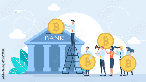 Man putting bitcoin into piggy bank. Crypto currency savings concept. 
Bitcoin and business concept. Virtual currency, digital banking. Investment in cryptocurrency. Vector illustration