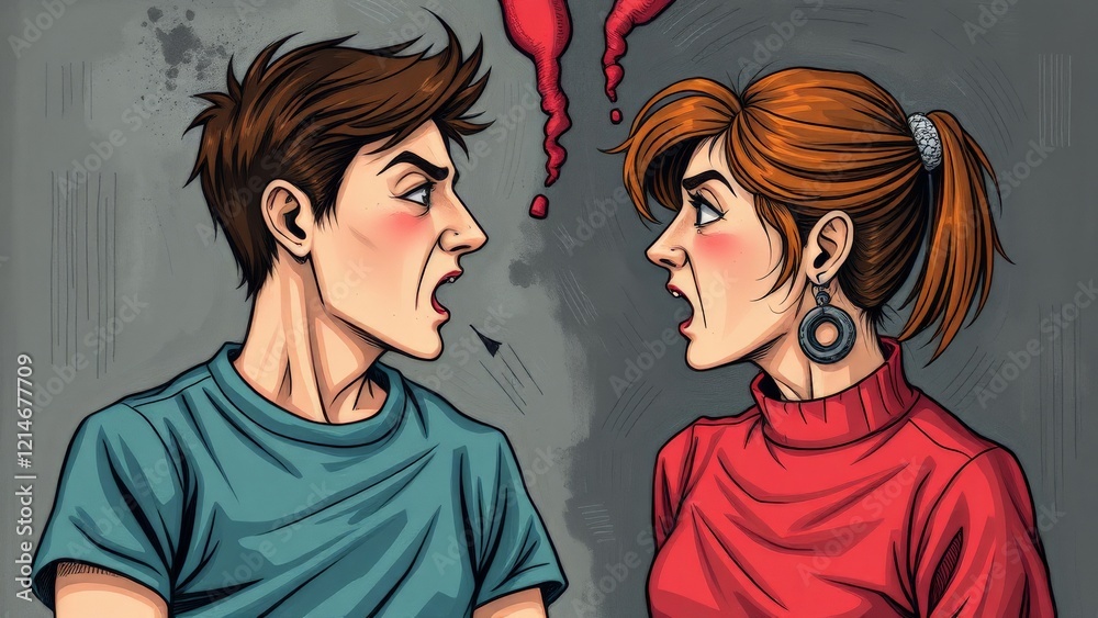 Illustrated couple angrily arguing with raised voices