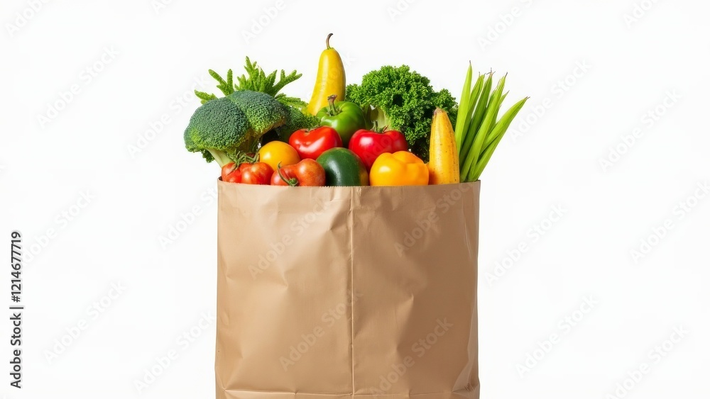Paper bag filled with fresh vegetables on white background
