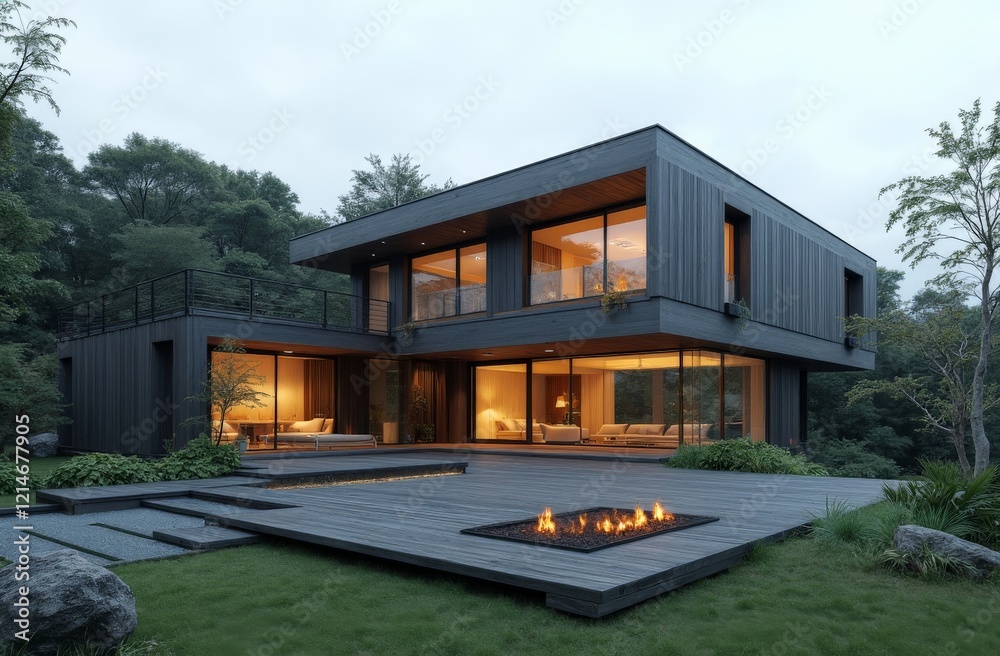 Modern luxury house with fire pit and glass walls surrounded by forest