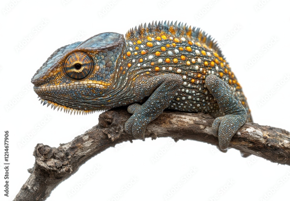 Obraz premium Vibrant Close-Up of a Colorful Chameleon Perched on a Branch with Intricate Patterns and Textures Capturing Nature's Beauty and Wildlife Diversity