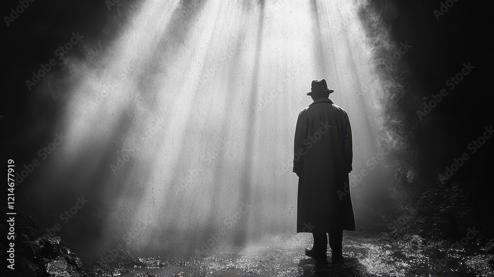 In a dimly lit alley, a mysterious figure emerges, illuminated by glowing beams of light. This scene evokes an intense atmosphere of intrigue and chaos, reminiscent of classic film noir aesthetics In a dimly lit alley, a mysterious figure emerges, illuminated by glowing beams of light. This scene evokes an intense atmosphere of intrigue and chaos, reminiscent of classic film noir aesthetics