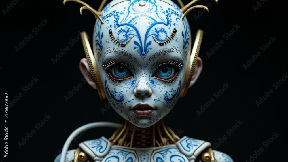 Futuristic robot doll with intricate porcelain design and glowing blue eyes