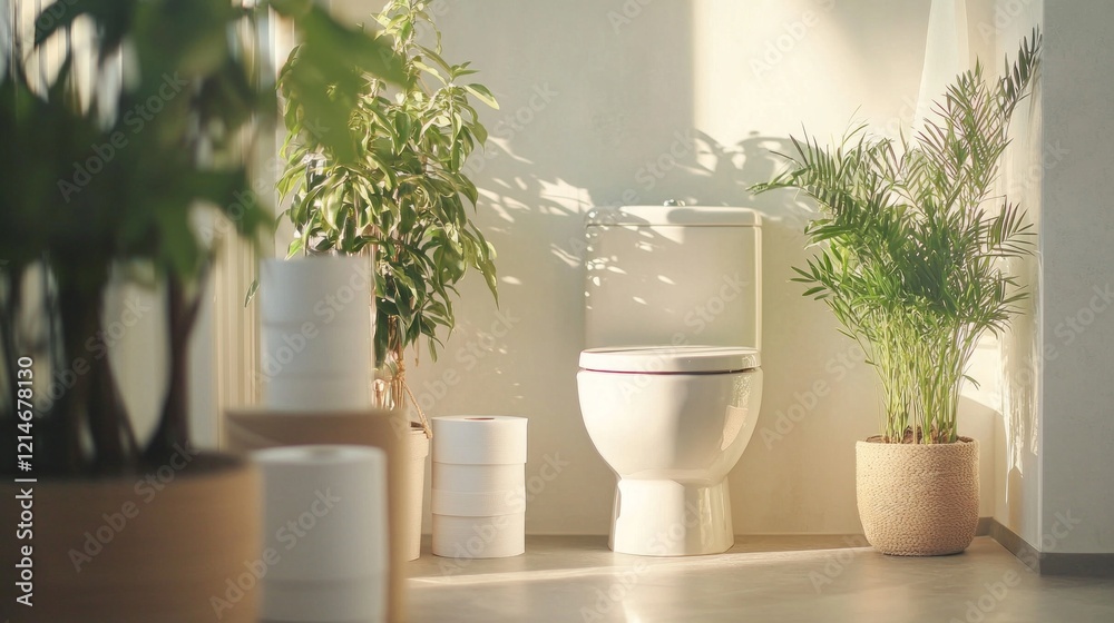 In a serene bathroom corner, a pristine toilet bowl stands beside soft rolls of paper. Lush houseplants surround it, creating a refreshing atmosphere filled with natural light In a serene bathroom corner, a pristine toilet bowl stands beside soft rolls of paper. Lush houseplants surround it, creating a refreshing atmosphere filled with natural light