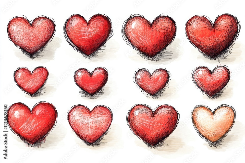 A group of red hearts arranged in a decorative pattern A group of red hearts arranged in a decorative pattern