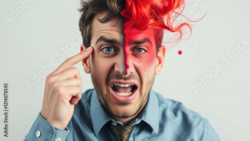 Obraz na płótnie Man with painted half-red face expressing emotional overload and mental pressure w salonie