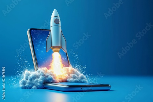 A dynamic rocket launching from a mobile device screen.
