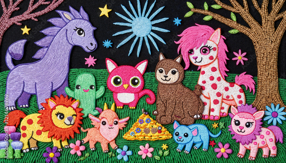 Obraz premium Colorful embroidered animals celebrating in a whimsical scene