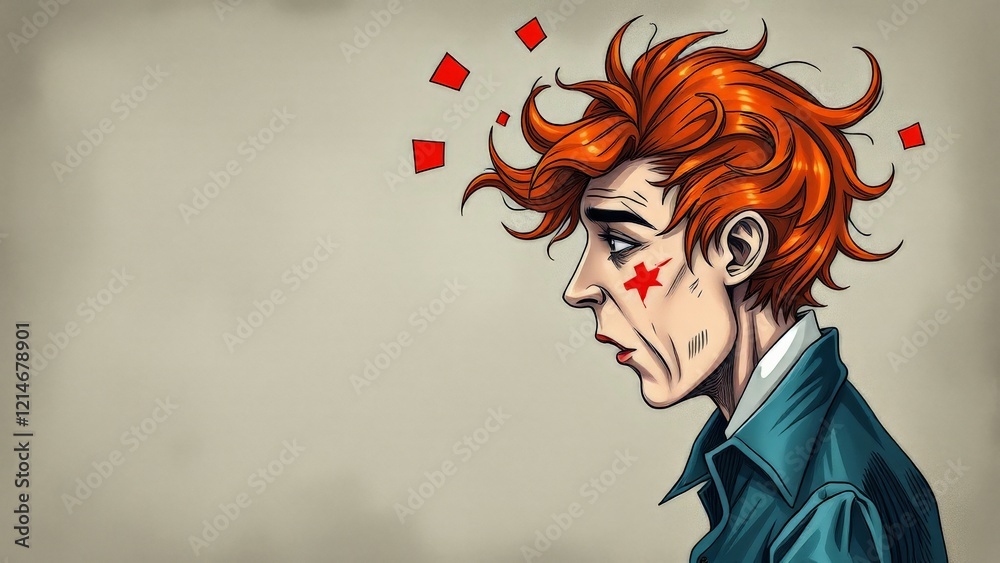 Illustrated sad man with red star on cheek and abstract red elements