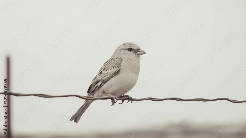 Fototapeta premium Small bird perched on barbed wire fence. (1)