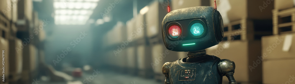 A robot stands in a warehouse filled with boxes. A robot stands in a warehouse filled with boxes.