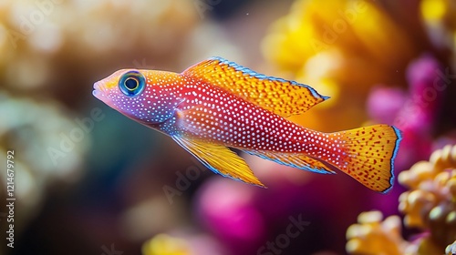 Colorful dottyback fish swimming through vibrant corals in a saltwater aquarium, showcasing marine life in a captivating underwater environment. photo
