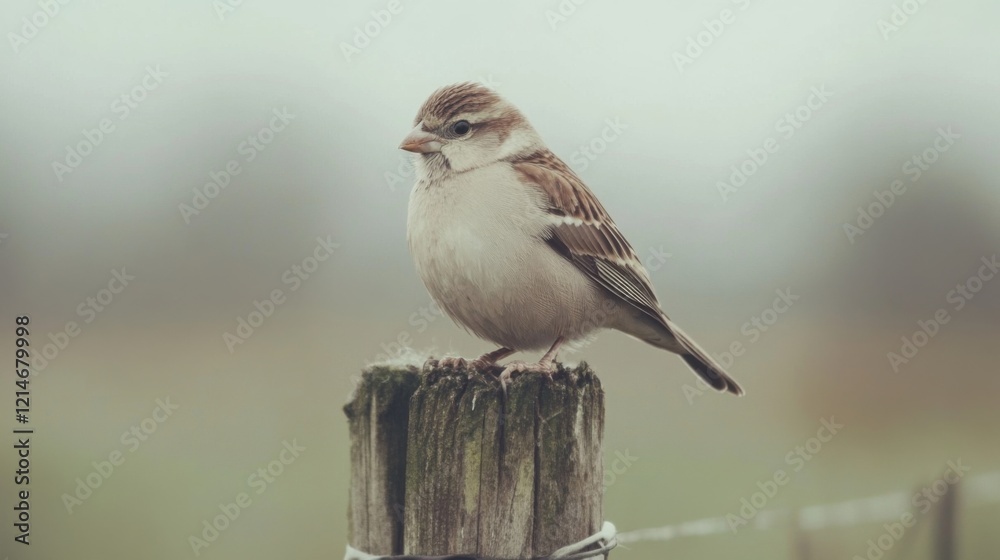 Small bird perched on weathered wooden post.