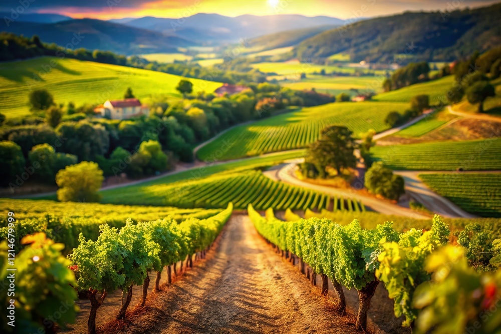 Naklejka premium Sun-drenched Provence Grapevines: Tilt-Shift Miniature Landscape Photography