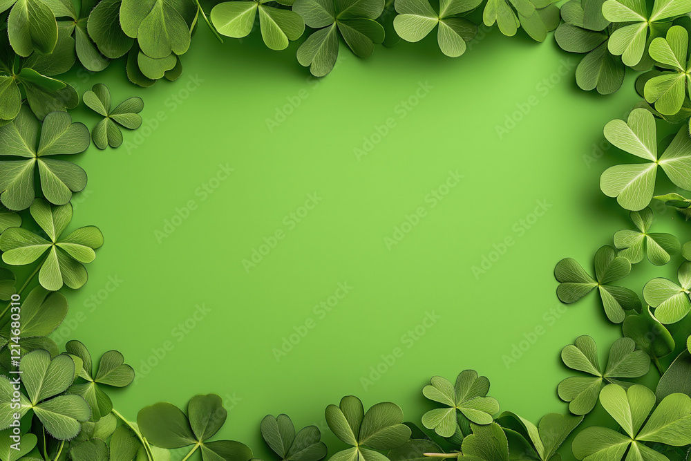 Clover leaves on a green background in the form of a frame Advertising banner, good luck charm for St. Patrick's Day. Bright and festive St. Patrick's Day. Clover leaves on a green background in the form of a frame Advertising banner, good luck charm for St. Patrick's Day. Bright and festive St. Patrick's Day.