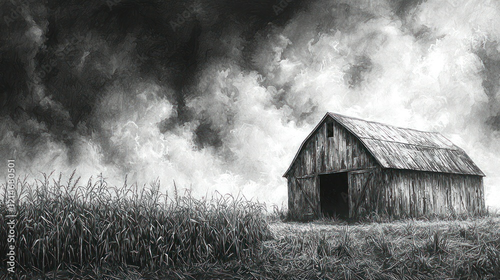 Monochromatic barn stands against ominous skies rural architectural landscape Monochromatic barn stands against ominous skies rural architectural landscape